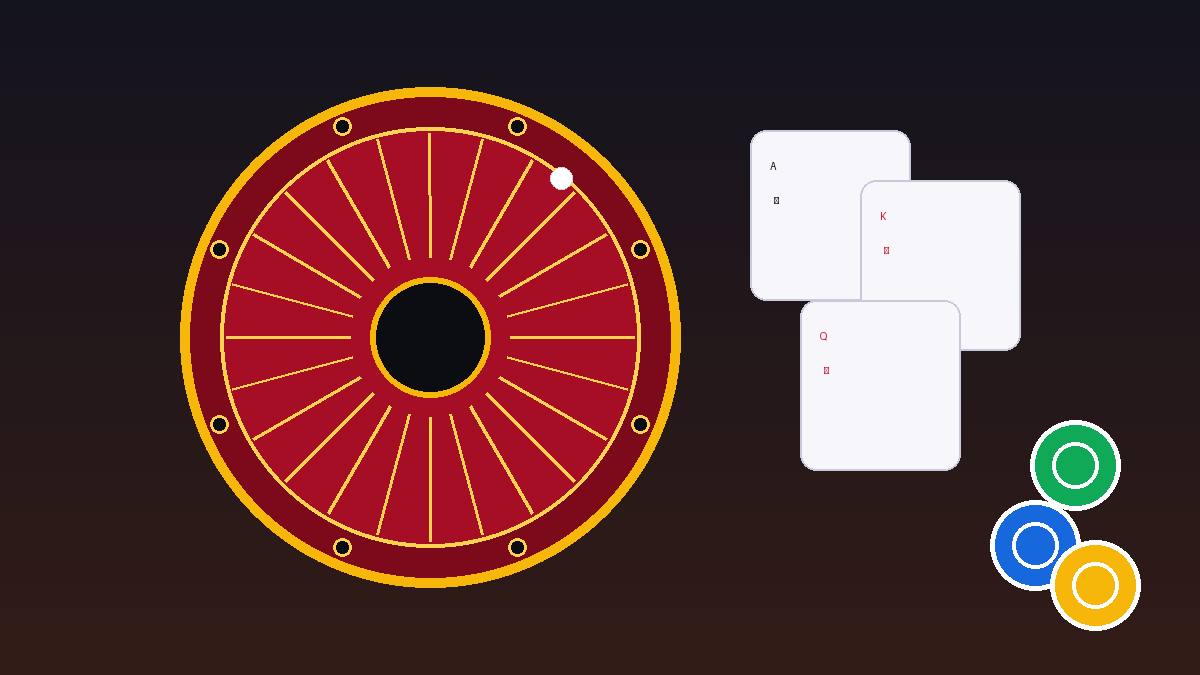 Ilustrasi meja kasino langsung dengan roda roulette dan kartu remi